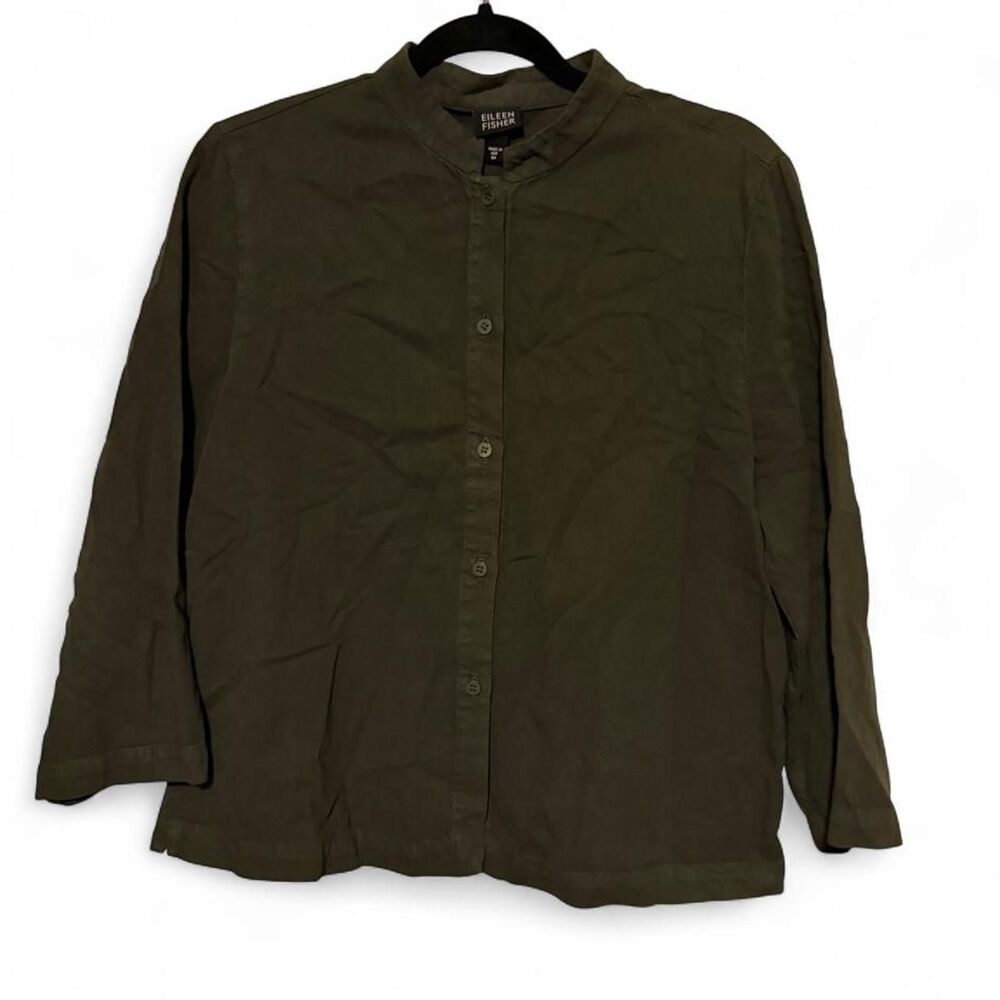 Eileen Fisher Tencel Cotton Mandarin Collar Button Shirt Olive Green Medium